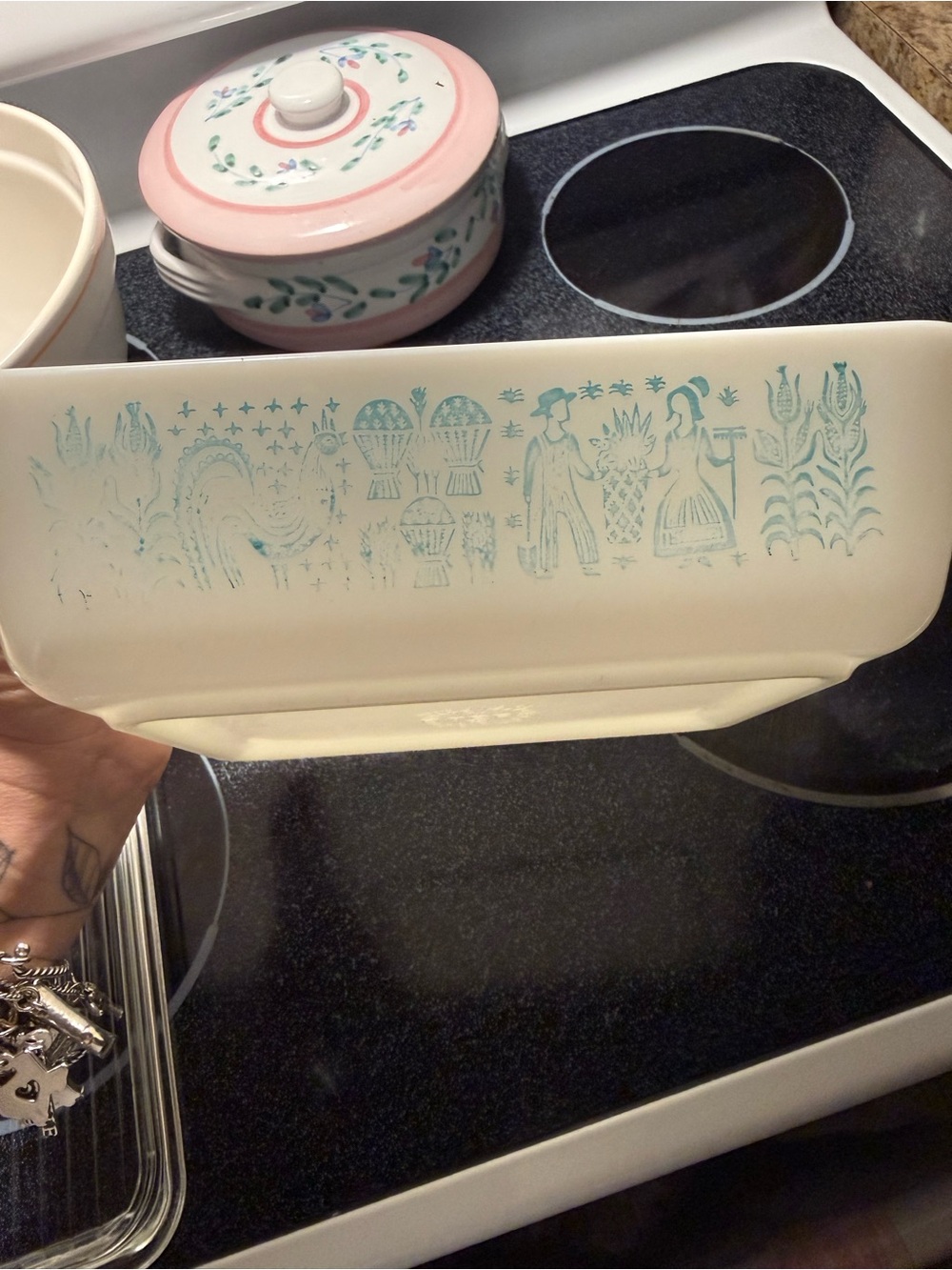 Pyrex White Casserole Dish with Teal Folk Art Pattern